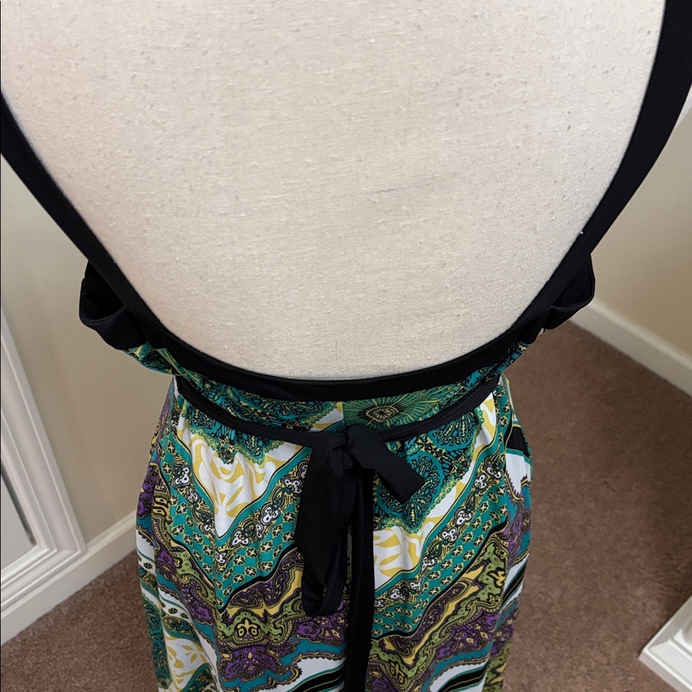 Dress Barn Black and Green Patterned Tie Waist Midi Dress size 12 - Picture 5 of 7